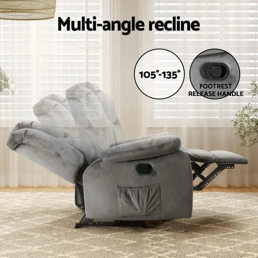 Electric Heated Massage Recliner Chair Velvet Lounge Sofa Grey