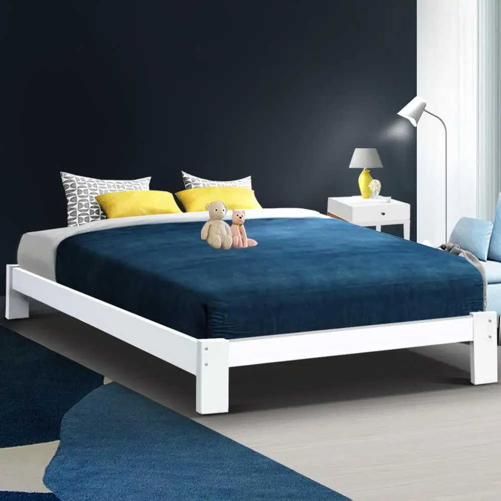 Double Size Wooden White Bed Frame Minimalist Durable Platform Bed for Home Bedroom Furniture