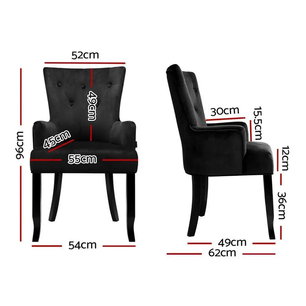 Set of 2 Velvet French Provincial Dining Chairs Black Elegant Upholstered Accent Armchairs