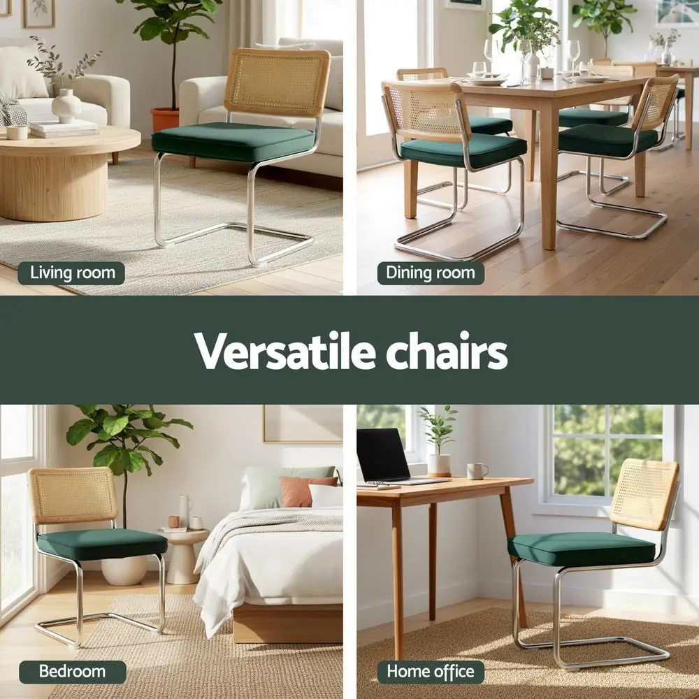 Velvet Rattan Cantilever Dining Chairs Set of 2 Green Upholstered Modern Accent Chairs