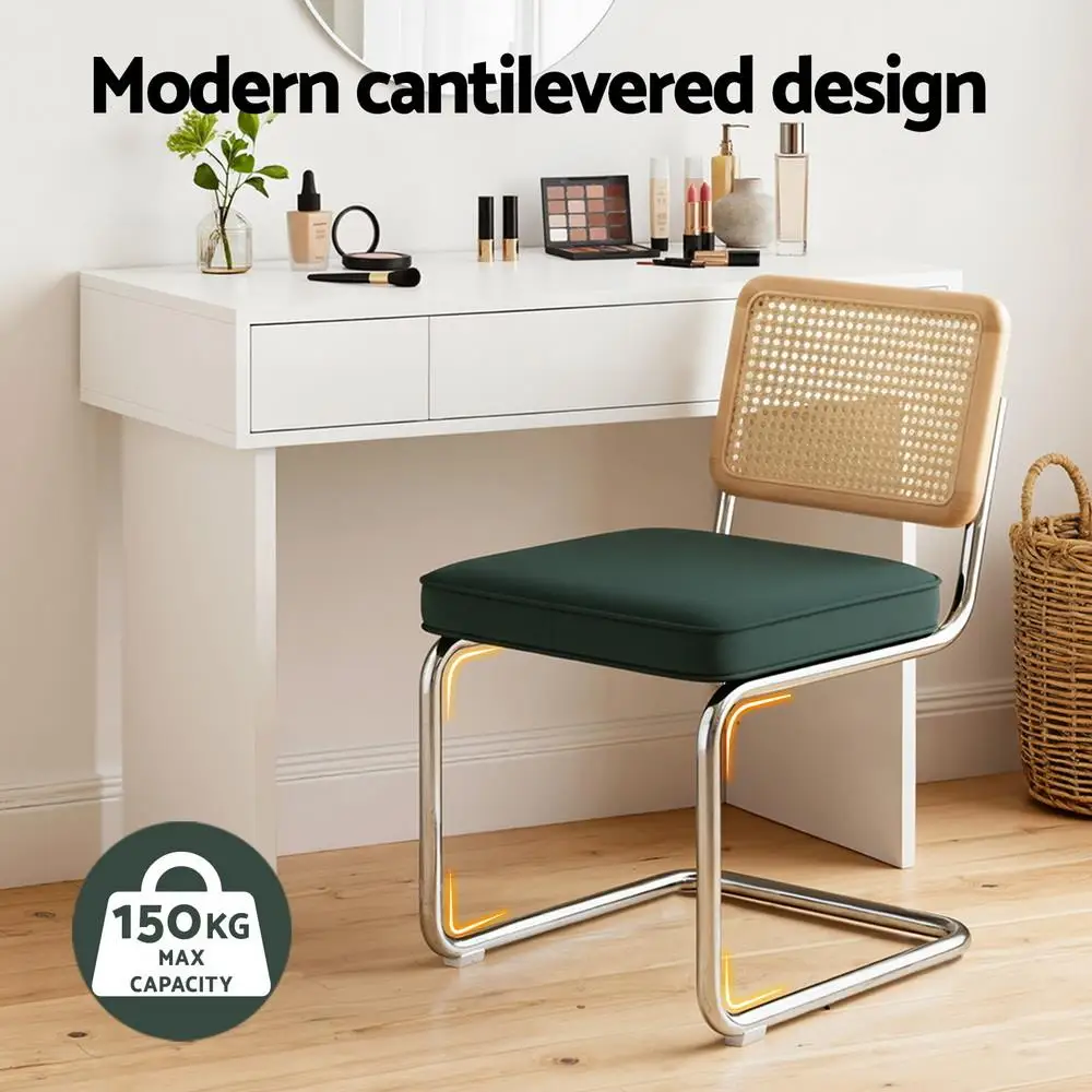Velvet Rattan Cantilever Dining Chairs Set of 2 Green Upholstered Modern Accent Chairs