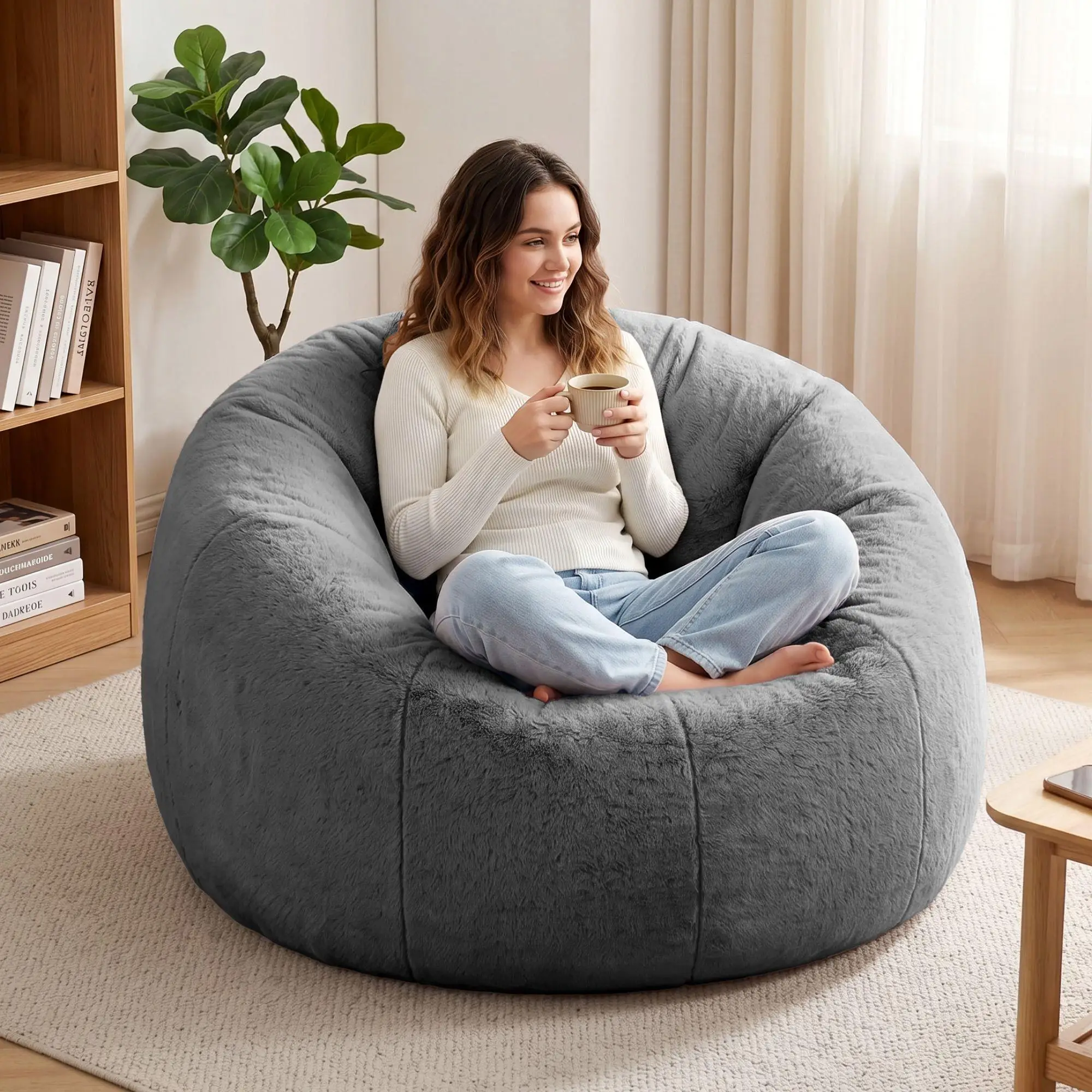 Soft Faux Fur Round Bean Bag Cover No Filler Large Washable Stuffed Animal Storage Beanbag Seat Cover for adults Kids Teens Grey