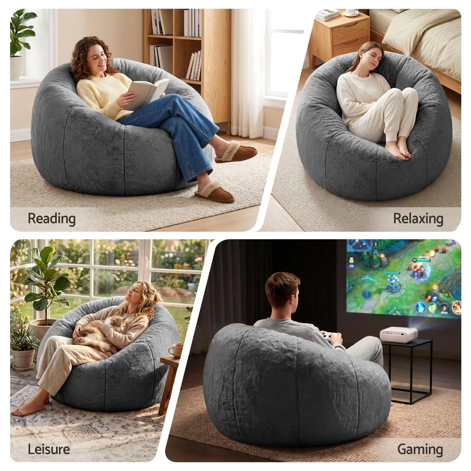 Soft Faux Fur Round Bean Bag Cover No Filler Large Washable Stuffed Animal Storage Beanbag Seat Cover for adults Kids Teens Grey