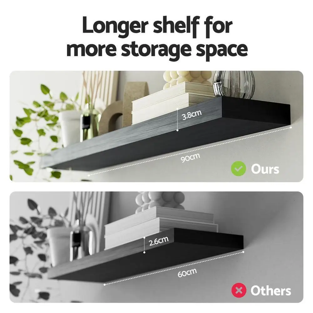 Floating Wall Shelf Set of 2 Black 90CM Modern Minimalist Storage Display Shelves