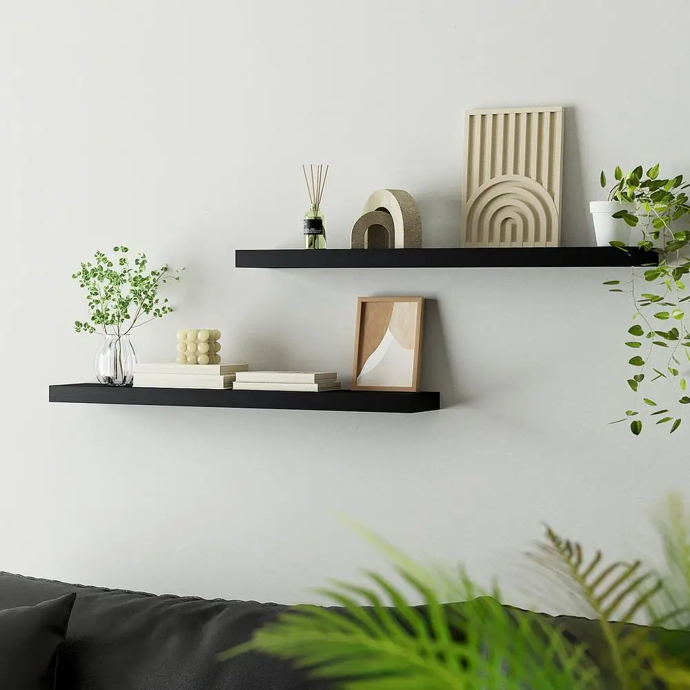 Floating Wall Shelf Set of 2 Black 90CM Modern Minimalist Storage Display Shelves
