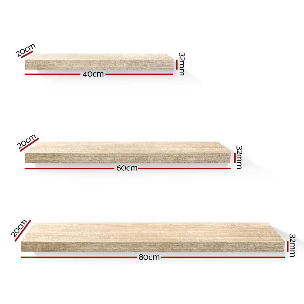Floating Wall Shelf Set of 3 Solid Oak Wood Display Shelves for Home Storage and Decor