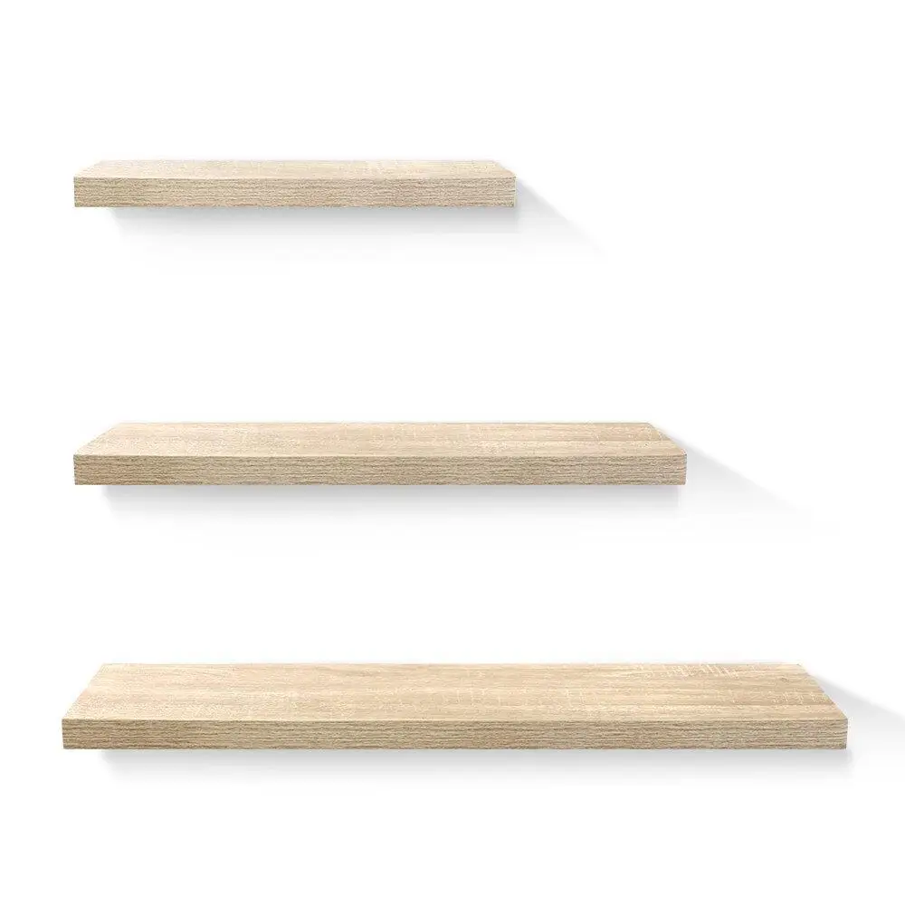 Floating Wall Shelf Set of 3 Solid Oak Wood Display Shelves for Home Storage and Decor