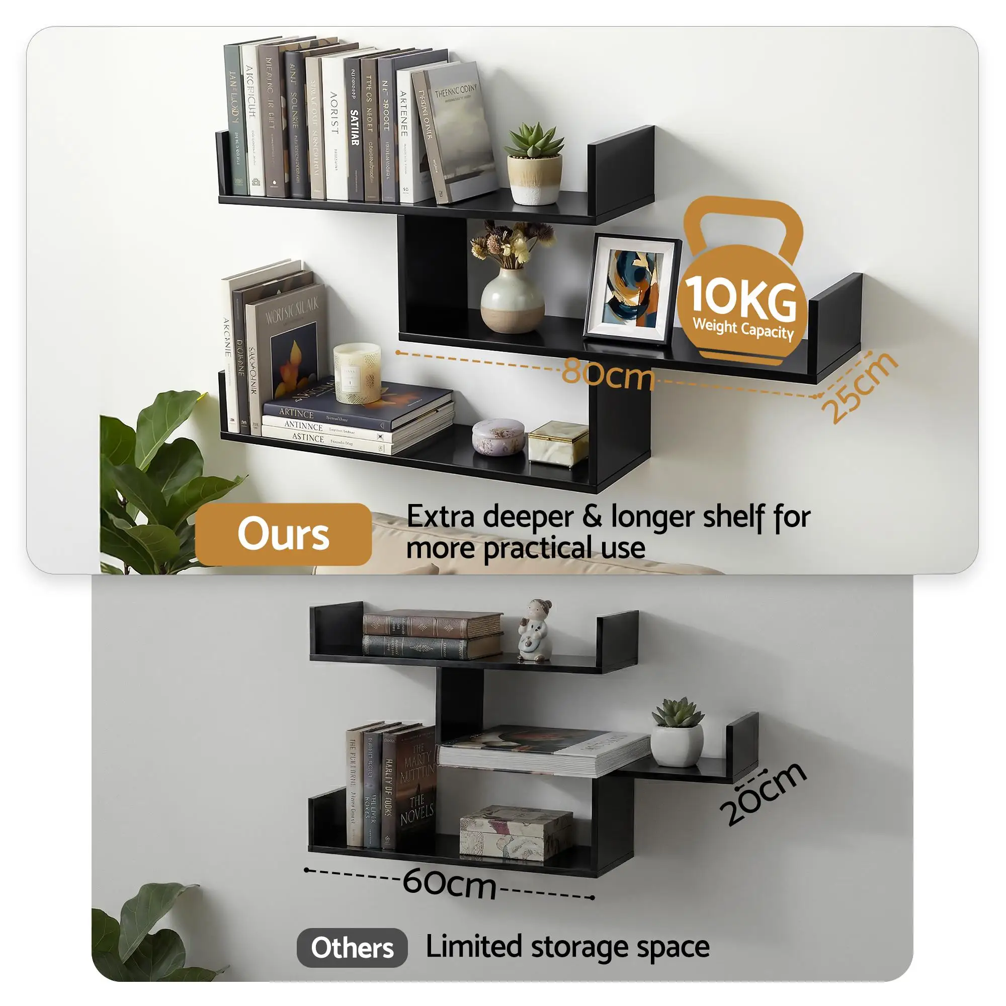 3 Tier Black Floating Wall Shelf Space Saving Wall Mounted Display Organizer for Home Bedroom Kitchen Bathroom Storage