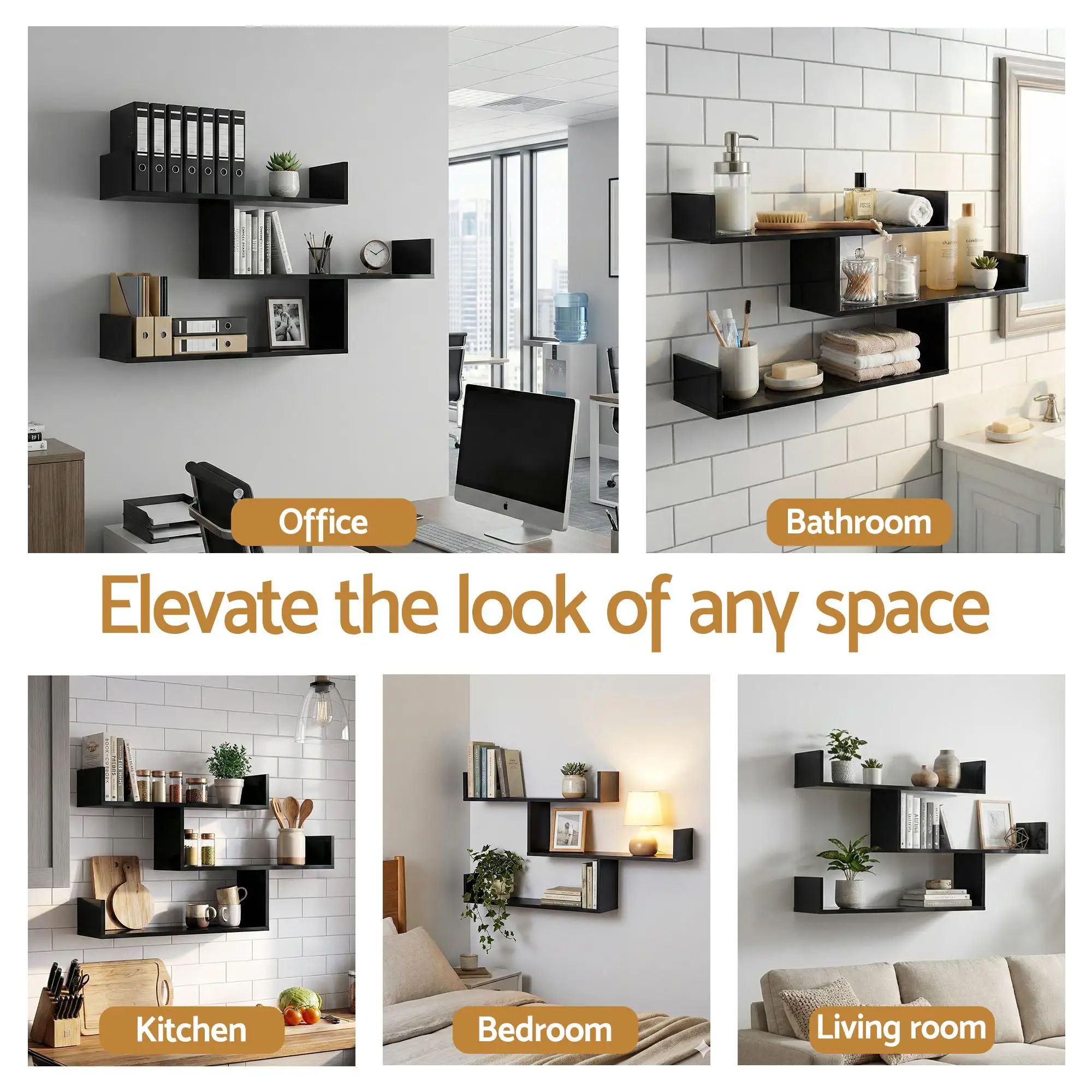 3 Tier Black Floating Wall Shelf Space Saving Wall Mounted Display Organizer for Home Bedroom Kitchen Bathroom Storage