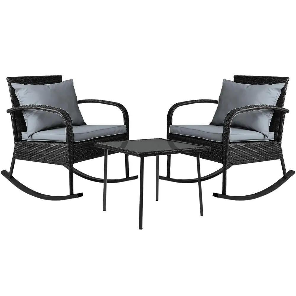 3 Piece Patio Bistro Set Rocking Chair Table Wicker Outdoor Furniture Black