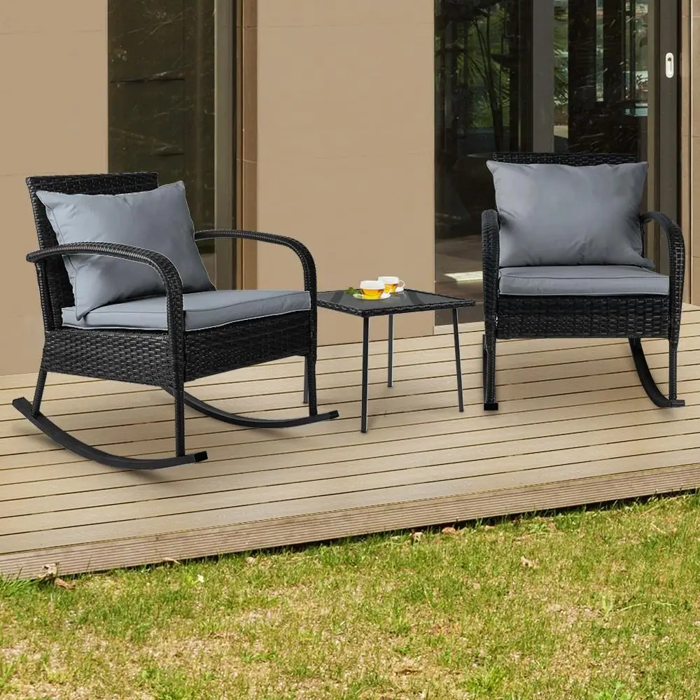 3 Piece Patio Bistro Set Rocking Chair Table Wicker Outdoor Furniture Black