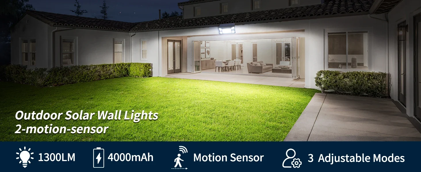Intelamp Long Life 1300LM 4000mah Outdoor Solar Lights 6H Charge Lighting All Night With Two Motion Sensors 180° Wide-Angle Large Solar Panel Solar Lamp IP65 For Street Garden Path Yard Wall