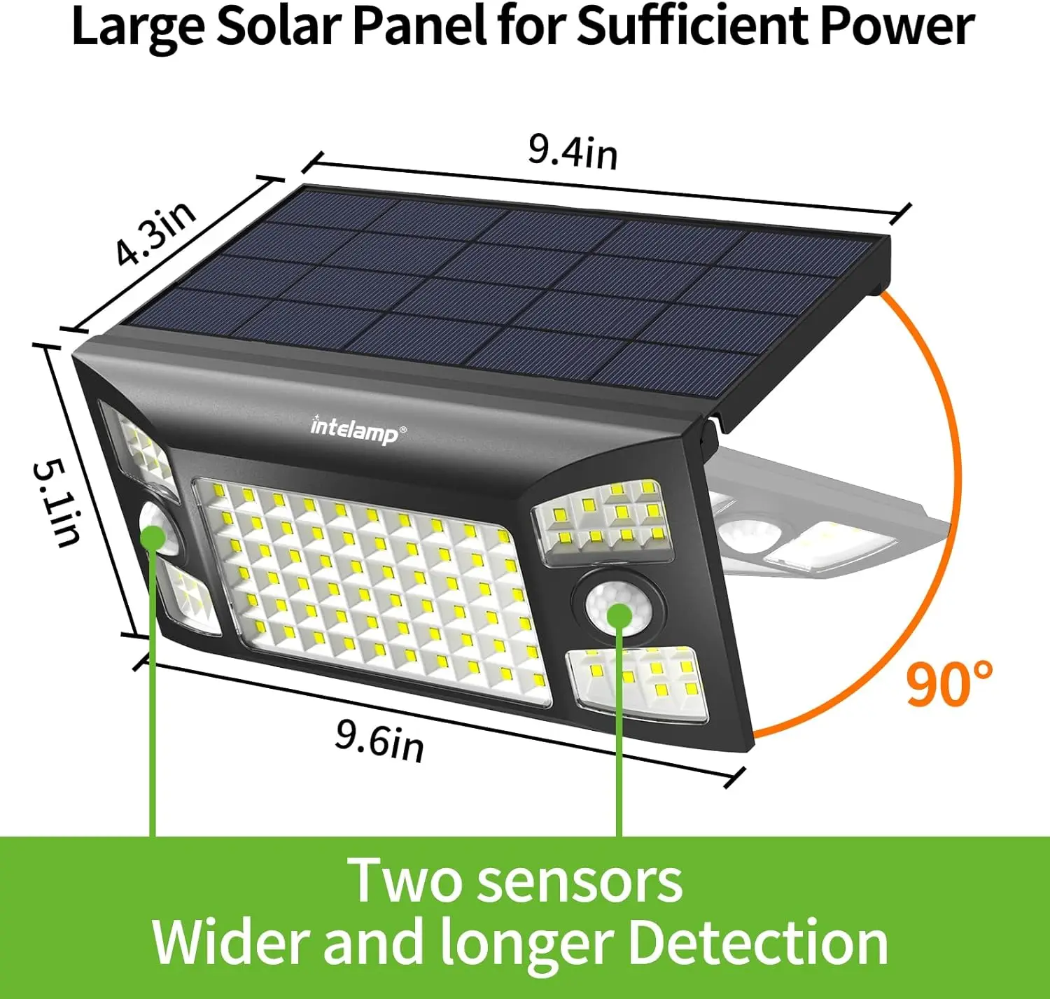 Intelamp Long Life 1300LM 4000mah Outdoor Solar Lights 6H Charge Lighting All Night With Two Motion Sensors 180° Wide-Angle Large Solar Panel Solar Lamp IP65 For Street Garden Path Yard Wall