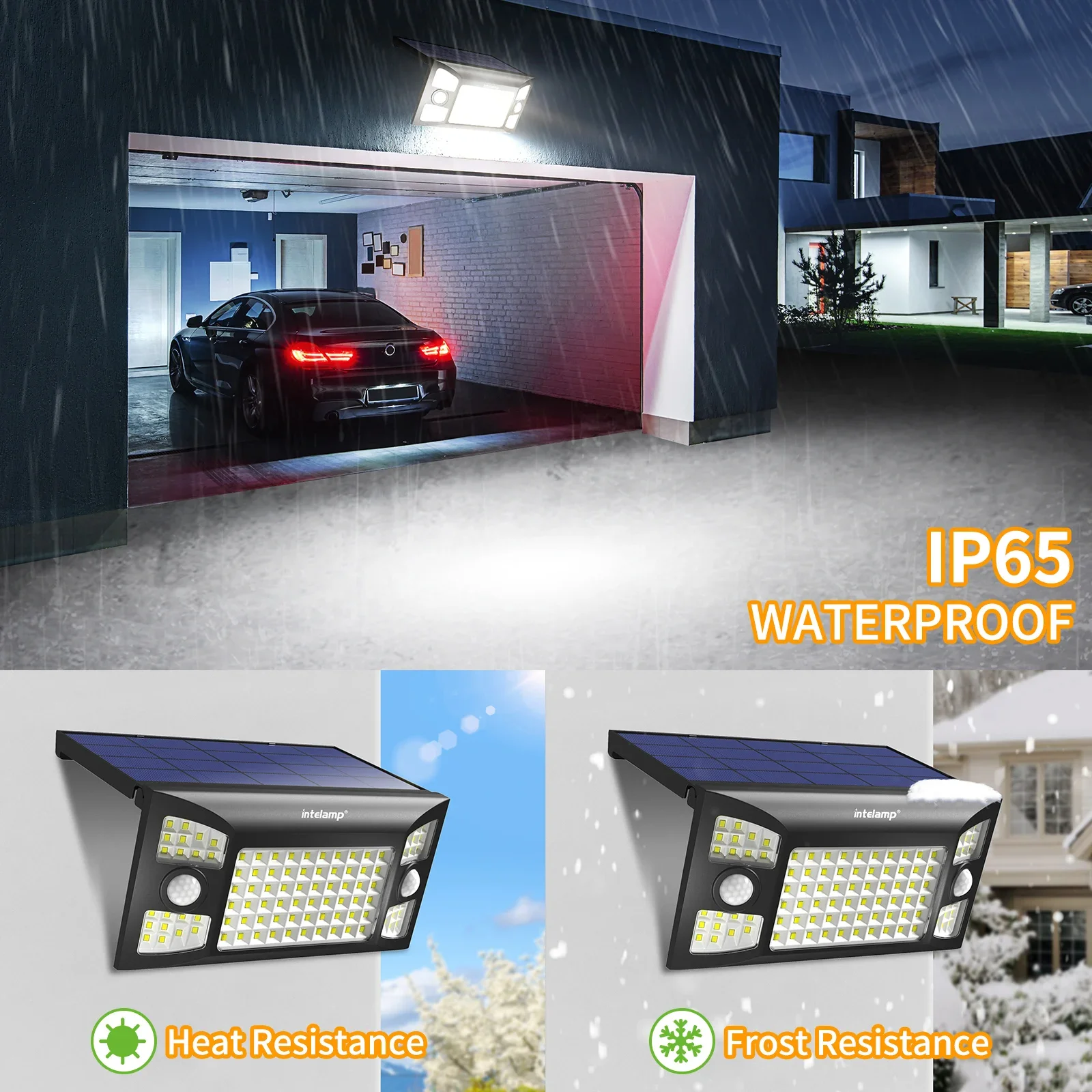 Intelamp Long Life 1300LM 4000mah Outdoor Solar Lights 6H Charge Lighting All Night With Two Motion Sensors 180° Wide-Angle Large Solar Panel Solar Lamp IP65 For Street Garden Path Yard Wall