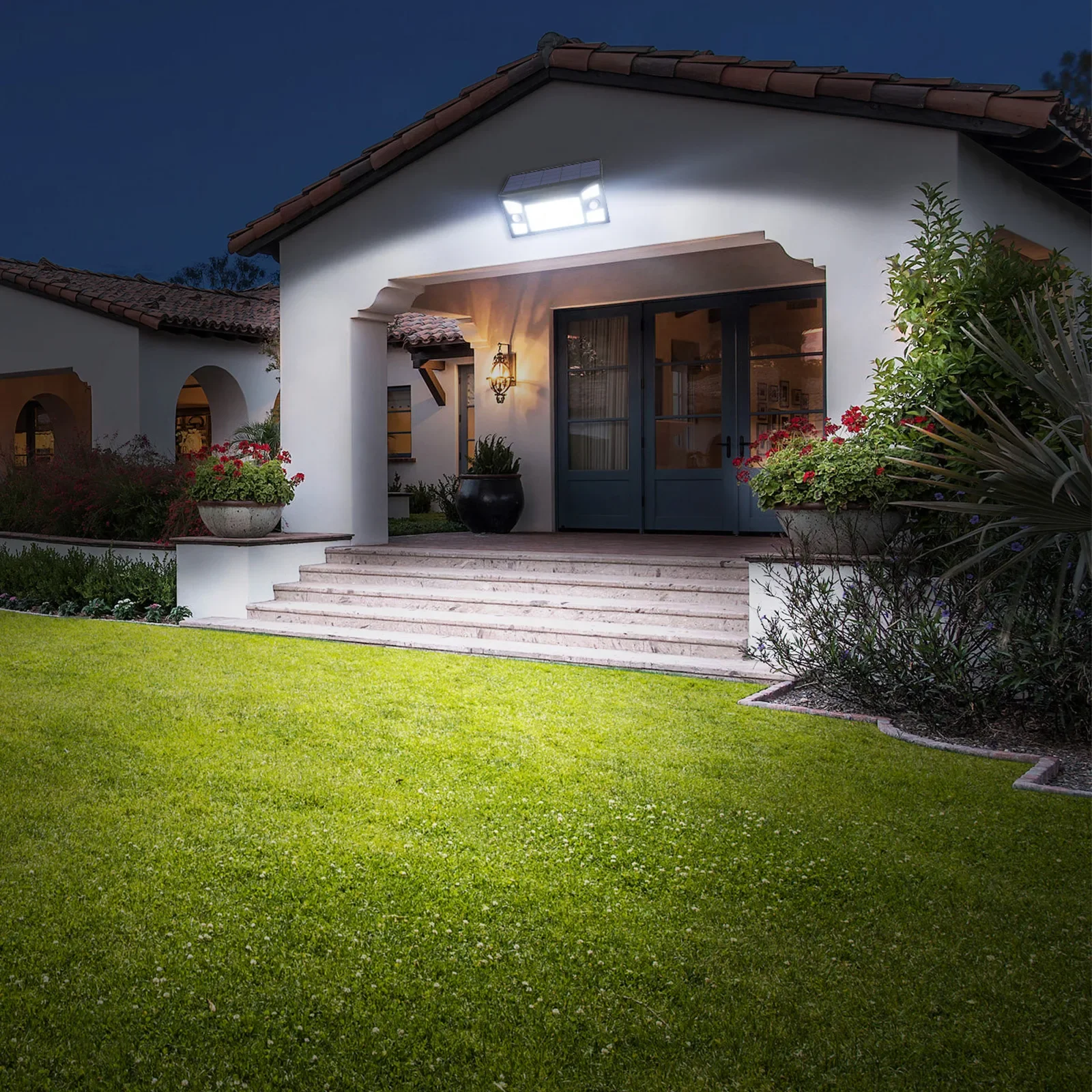 Intelamp Long Life 1300LM 4000mah Outdoor Solar Lights 6H Charge Lighting All Night With Two Motion Sensors 180° Wide-Angle Large Solar Panel Solar Lamp IP65 For Street Garden Path Yard Wall