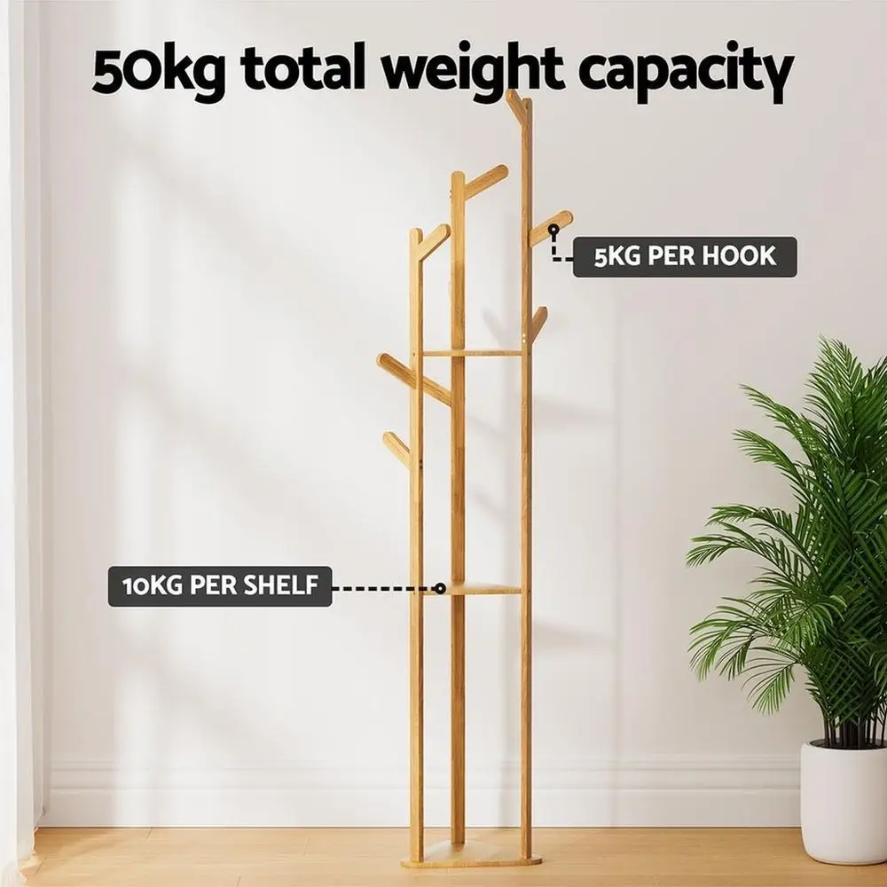 Bamboo Clothes Rack Airer Coat Stand with 9 Hooks Freestanding Garment Organizer for Home Entryway Storage