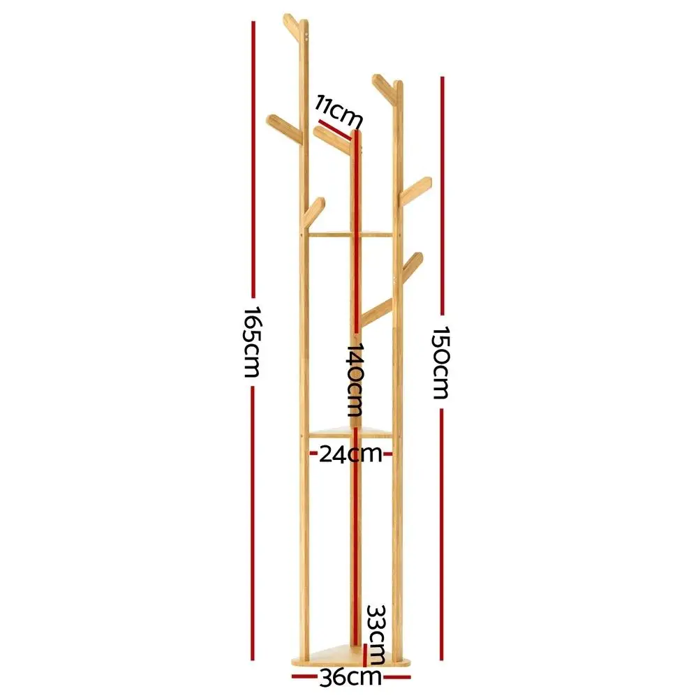 Bamboo Clothes Rack Airer Coat Stand with 9 Hooks Freestanding Garment Organizer for Home Entryway Storage
