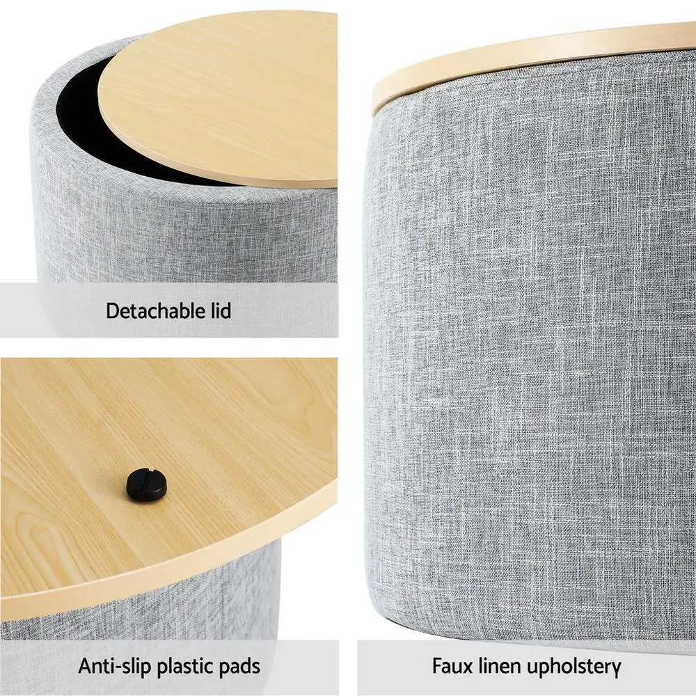 Storage Ottoman Blanket Box 40cm Round Grey Linen Upholstered Footstool with Hidden Storage for Living Room Bedroom Nursery