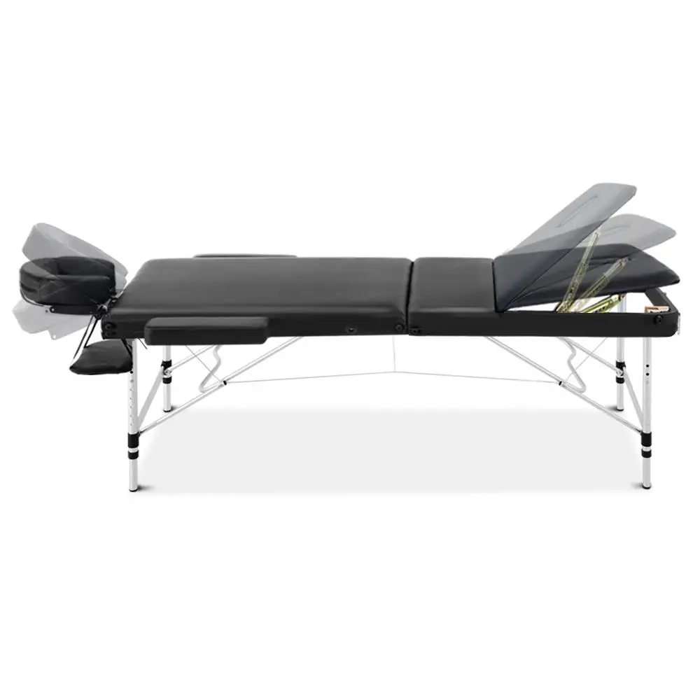 75cm Portable 3 Fold Aluminium Massage Table Beauty Bed Black Lightweight Foldable Spa Treatment Chair