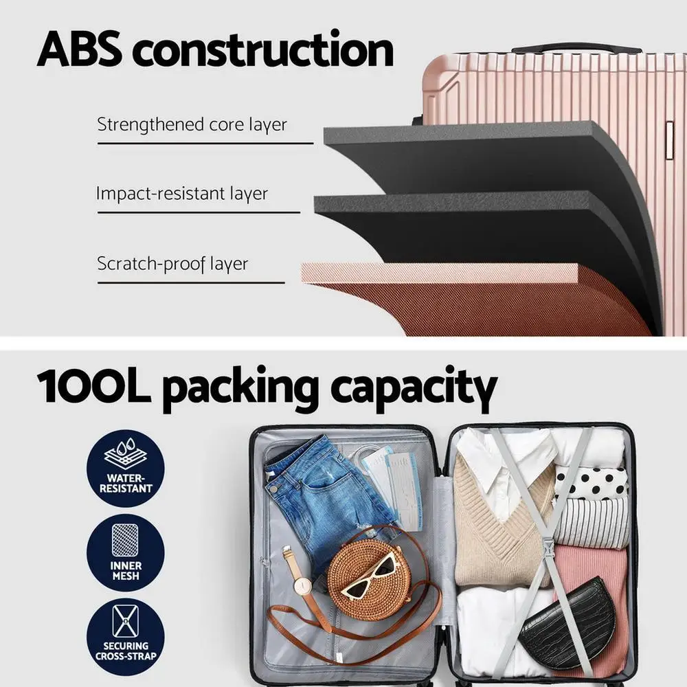 28 Inch ABS Hard Shell Luggage Set with TSA Lock Rose Gold Travel Suitcase Organizer Durable Lightweight Spinner Case