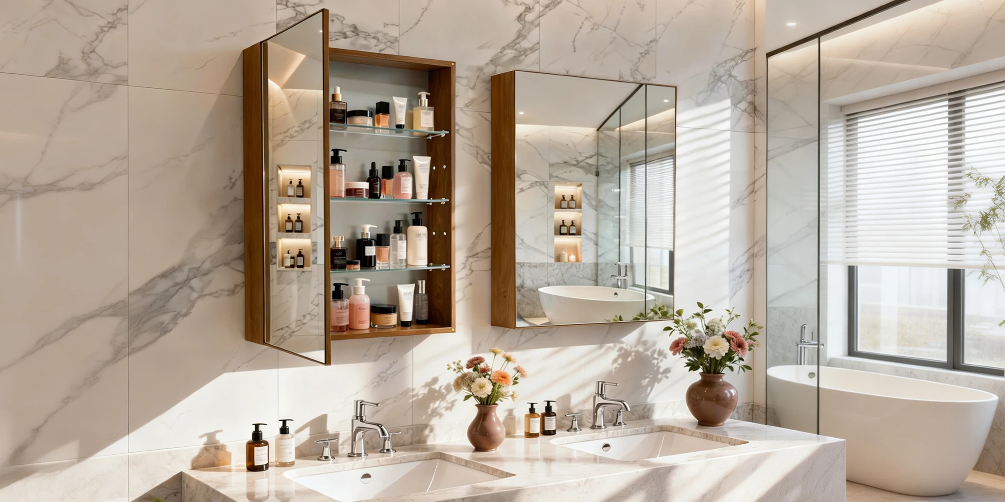 Bathroom Mirror Cabinet Wall Medicine Storage Cabinet with Motion Sensor LED Light, Single Door, Aluminum Framed, Walnut Wood Color, Silent Hinges