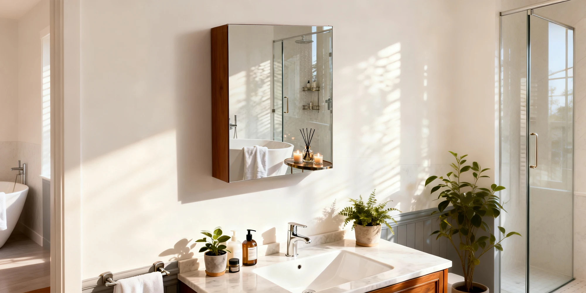 Bathroom Mirror Cabinet Wall Medicine Storage Cabinet with Motion Sensor LED Light, Single Door, Aluminum Framed, Walnut Wood Color, Silent Hinges