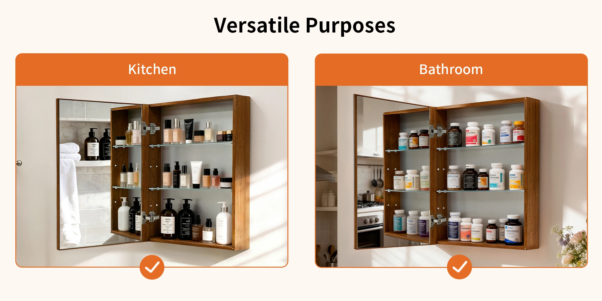 Bathroom Mirror Cabinet Wall Medicine Storage Cabinet with Motion Sensor LED Light, Single Door, Aluminum Framed, Walnut Wood Color, Silent Hinges