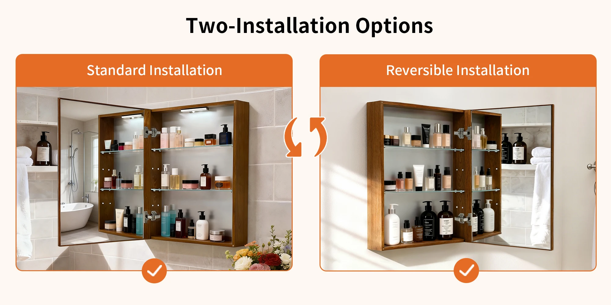 Bathroom Mirror Cabinet Wall Medicine Storage Cabinet with Motion Sensor LED Light, Single Door, Aluminum Framed, Walnut Wood Color, Silent Hinges