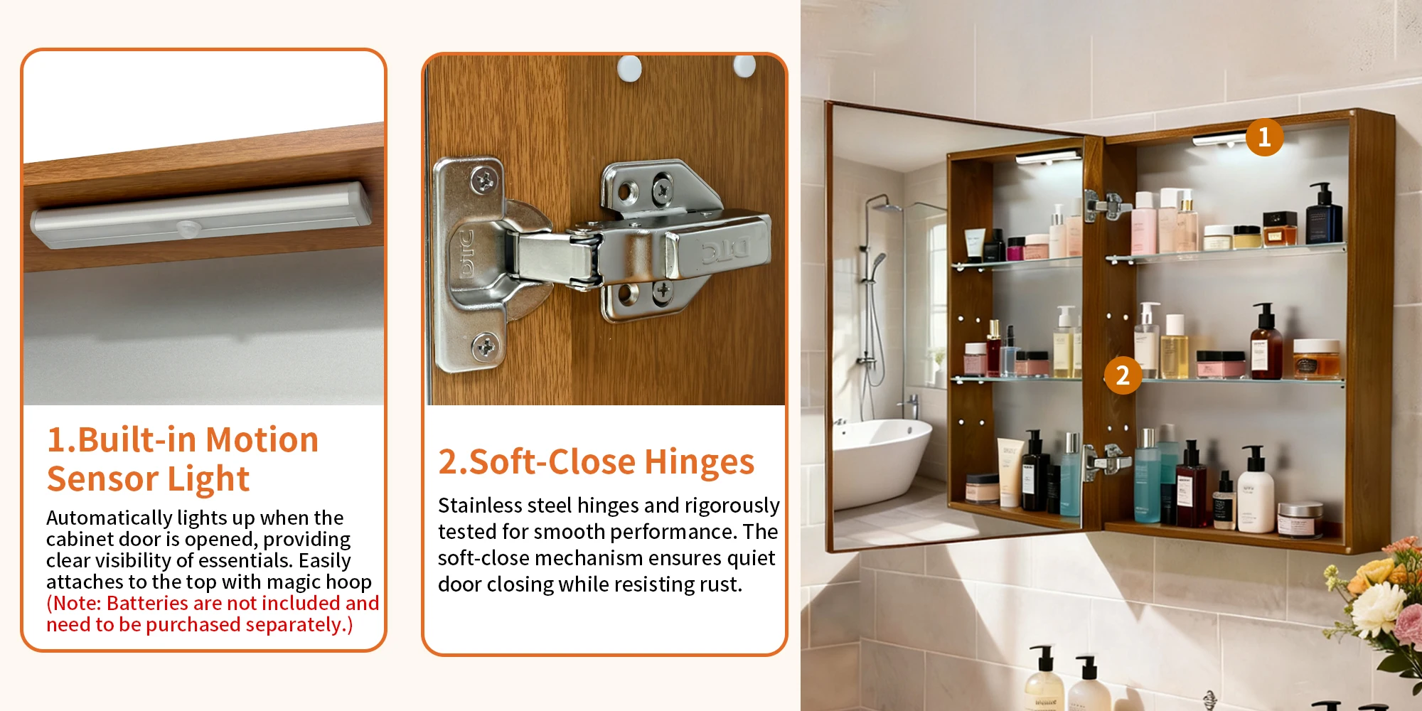 Bathroom Mirror Cabinet Wall Medicine Storage Cabinet with Motion Sensor LED Light, Single Door, Aluminum Framed, Walnut Wood Color, Silent Hinges