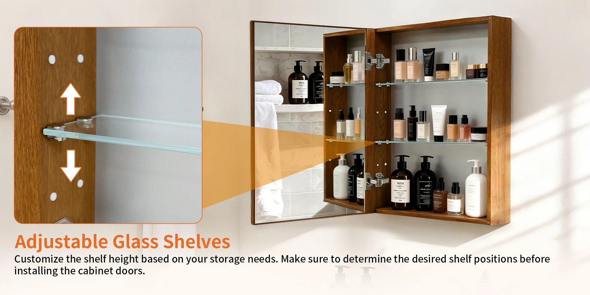 Bathroom Mirror Cabinet Wall Medicine Storage Cabinet with Motion Sensor LED Light, Single Door, Aluminum Framed, Walnut Wood Color, Silent Hinges