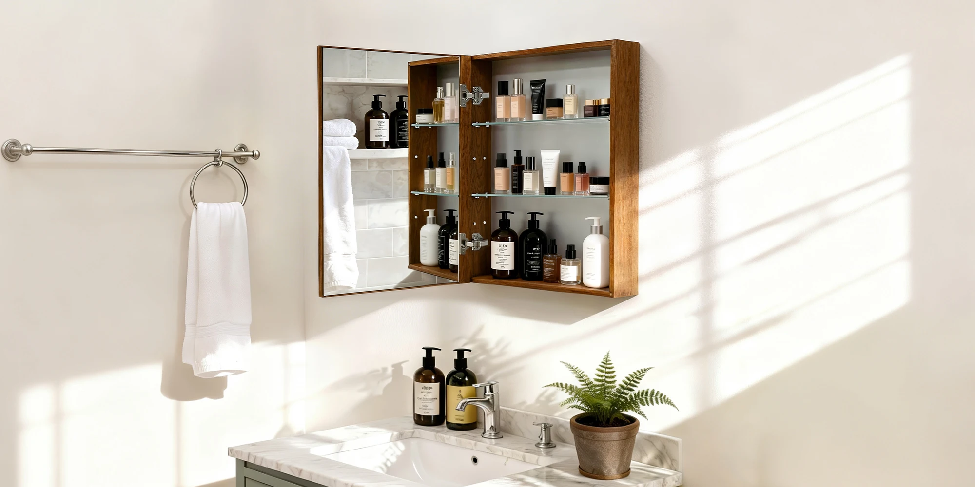 Bathroom Mirror Cabinet Wall Medicine Storage Cabinet with Motion Sensor LED Light, Single Door, Aluminum Framed, Walnut Wood Color, Silent Hinges