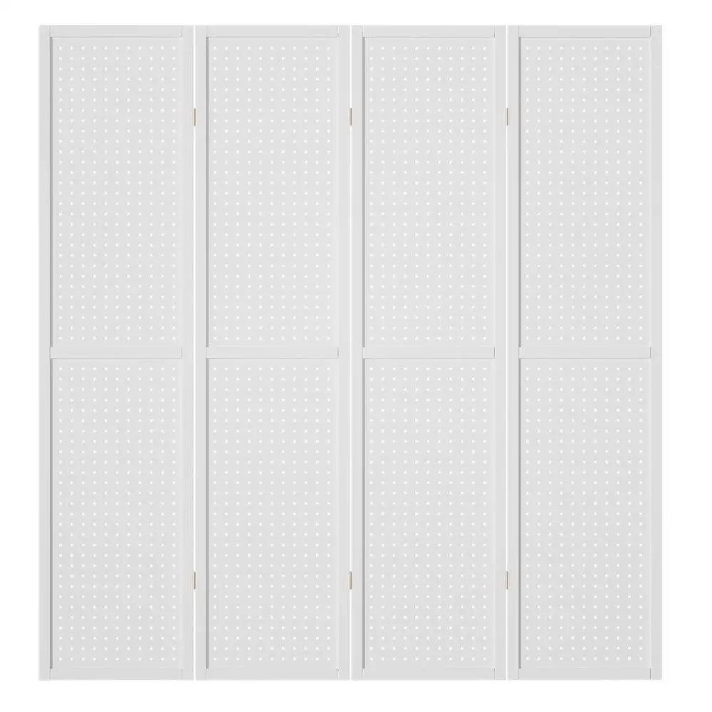 4 Panel White Pegboard Room Divider Screen 164x170cm Freestanding Folding Partition Organizer Display Backdrop