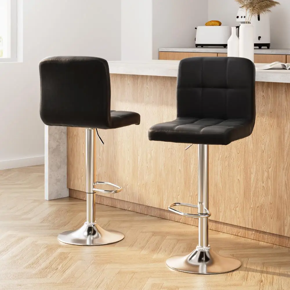 2x Black Leather Gas Lift Bar Stools Adjustable Modern Swivel Counter Chairs
