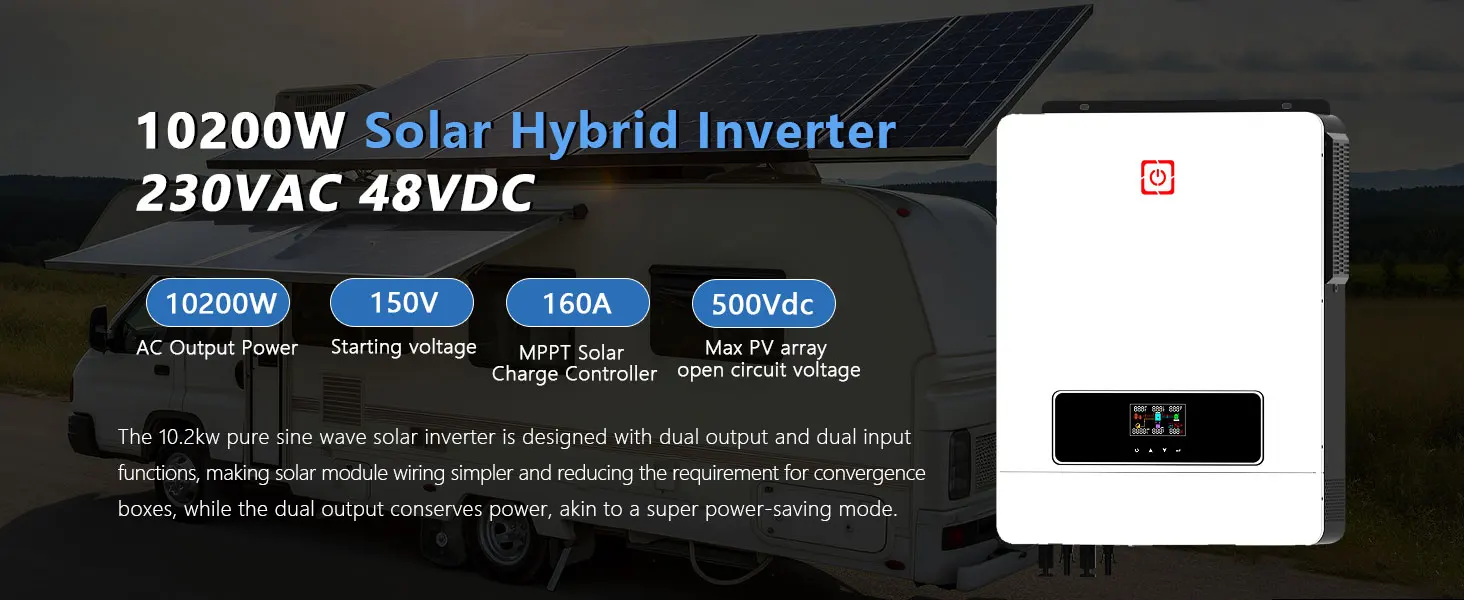 Y&H 10.2KW Hybrid Solar Inverter 48V 230V Pure Sine Wave Off Grid On Grid Inverter MPPT 160A Solar Charger for Lithium Battery Home Energy Storage System with BMS WiFi(Optional), Local Warehouse Fast Delivery