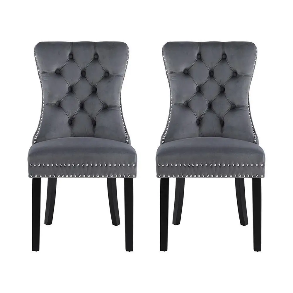 Set of 2 Grey Velvet Dining Chairs Modern Upholstered Kitchen Side Chairs with Sturdy Legs for Home Dining Room Living Room Guest Seating