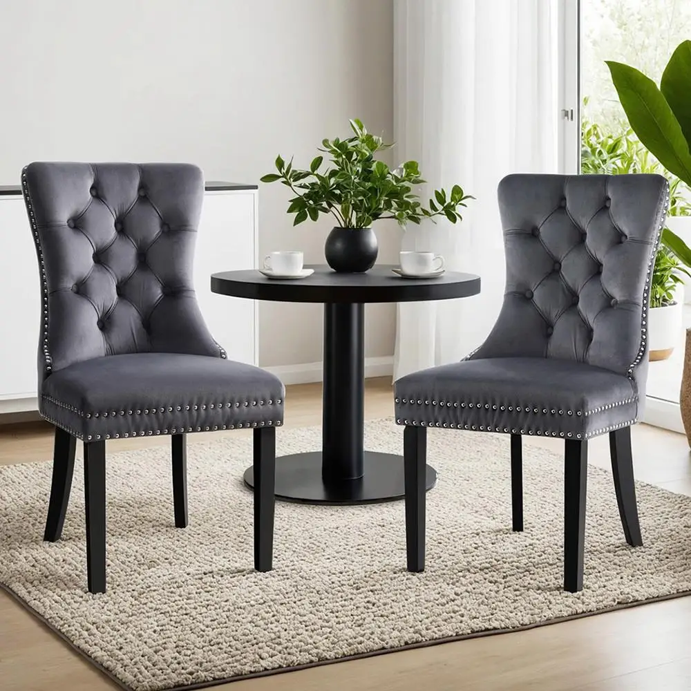 Set of 2 Grey Velvet Dining Chairs Modern Upholstered Kitchen Side Chairs with Sturdy Legs for Home Dining Room Living Room Guest Seating
