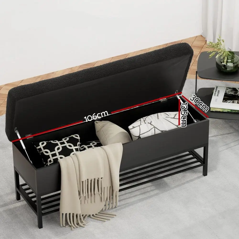 Boucle Storage Ottoman Blanket Box 110cm Upholstered Bedroom Bench with Shelf