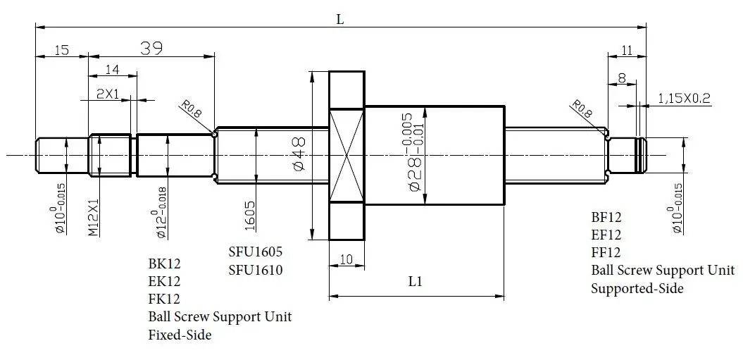 SFU1605 Set SFU1605 Rolled Ball Screw C7 End Machined + Ballnut + Nut Housing BK/BF12 End Support + Coupler RM1605 Ballscrew