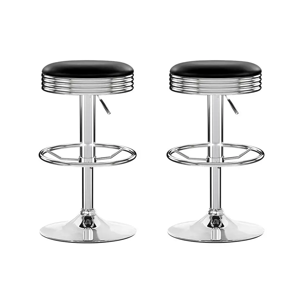 Set of 2 Backless PU Leather Bar Stools Black Chrome Modern Counter Height Kitchen Seating
