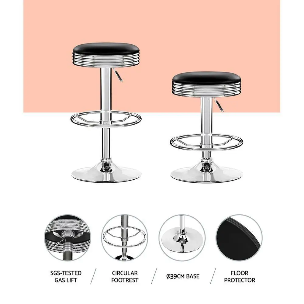 Set of 2 Backless PU Leather Bar Stools Black Chrome Modern Counter Height Kitchen Seating