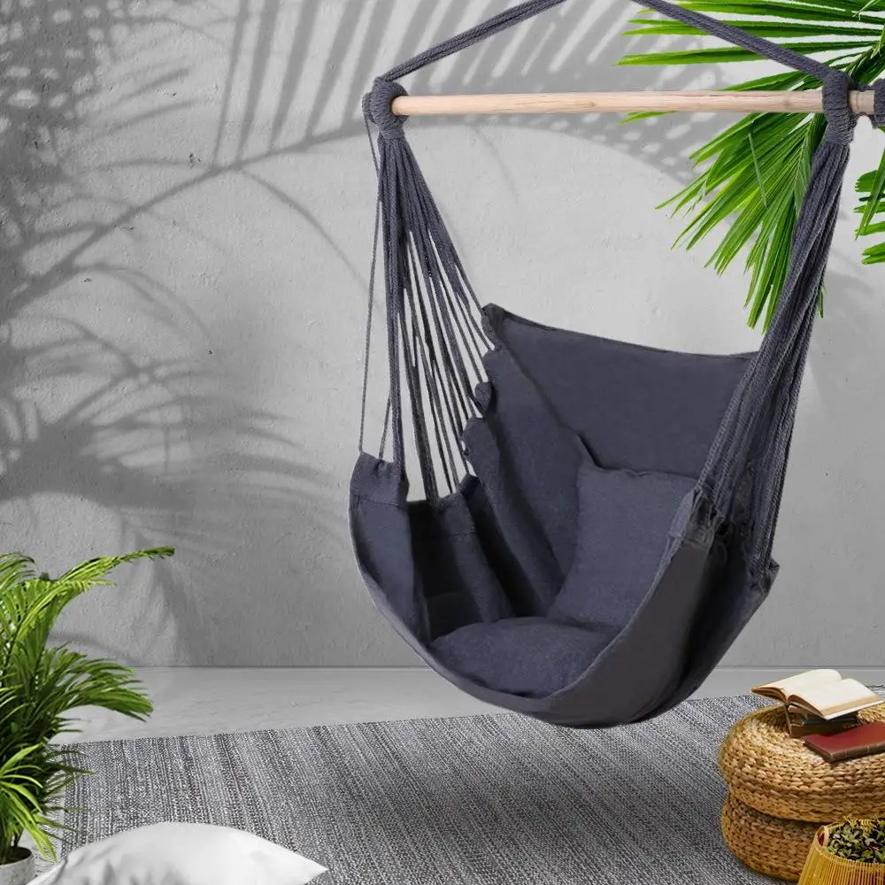 Outdoor Camping Hammock Chair with Cushion Pillow Grey Relaxing Hanging Seat Comfortable Portable Garden Swing Chair