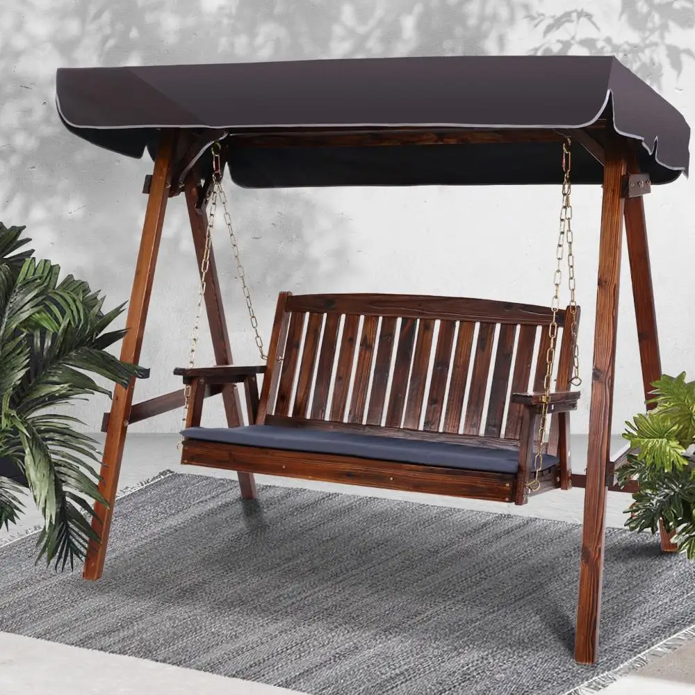 Wooden Swing Chair Garden Bench Canopy 3 Seater Outdoor Patio Furniture Hanging Porch Seat with Cushions Relaxation Rocking Chair for Garden Yard Balcony Terrace