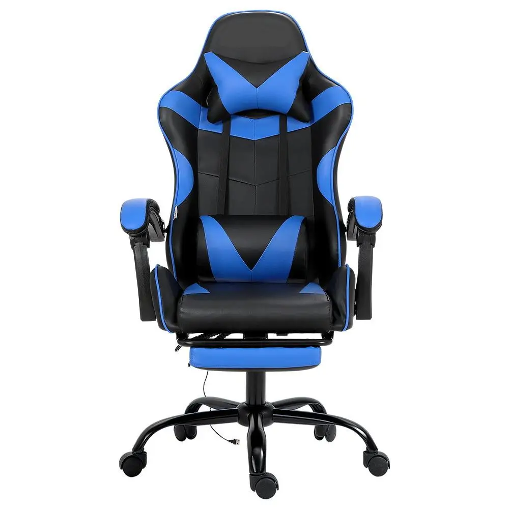 Ergonomic Gaming Office Chair with Adjustable Footrest Blue Massage Support