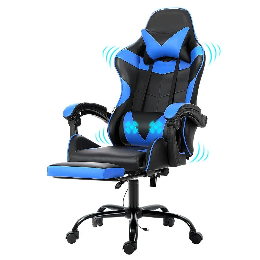 Ergonomic Gaming Office Chair with Adjustable Footrest Blue Massage Support