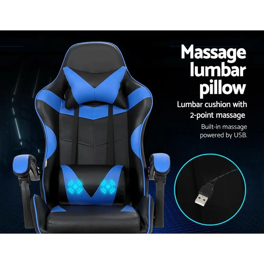 Ergonomic Gaming Office Chair with Adjustable Footrest Blue Massage Support