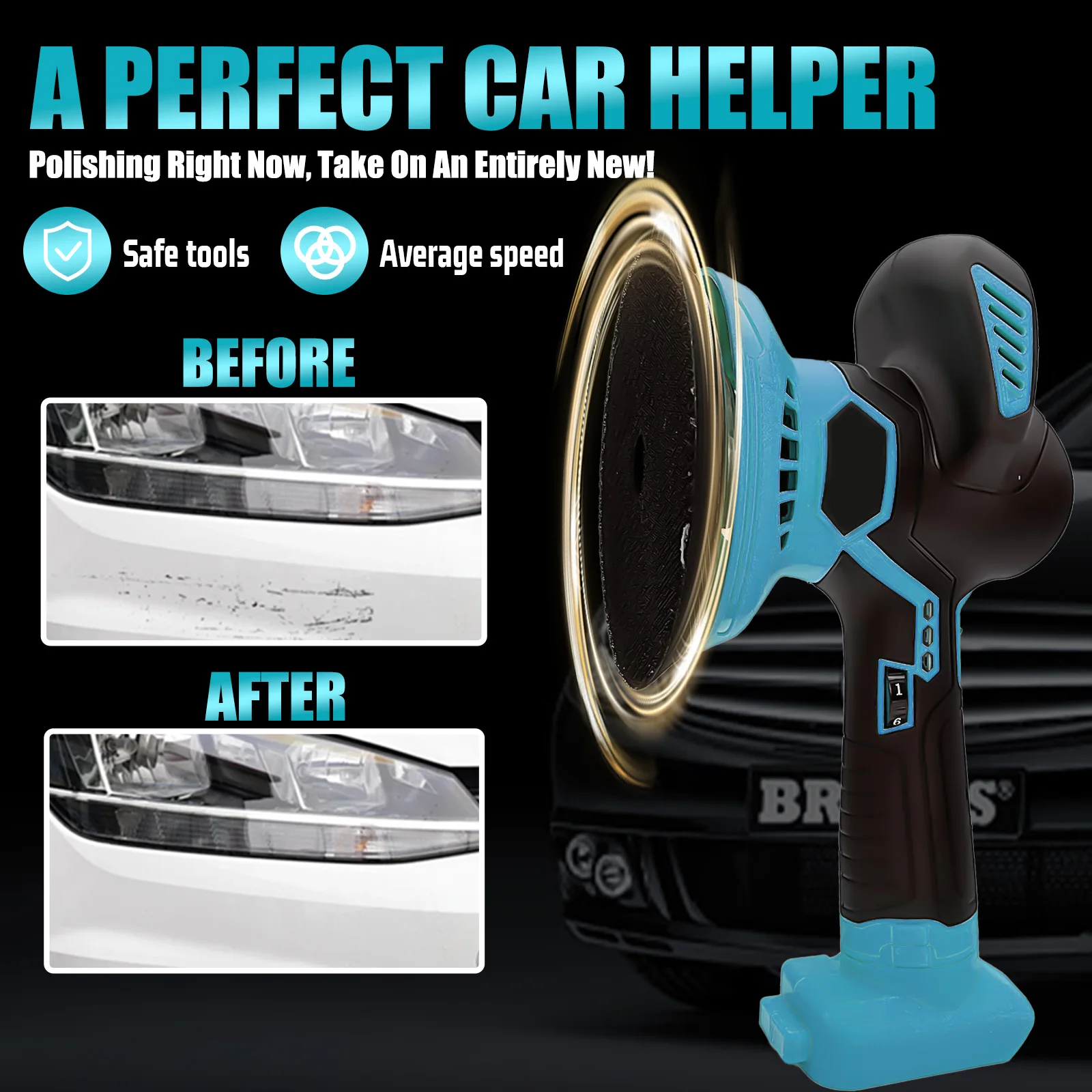 Cordless Car Polisher Compatible with Makita 18V Battery, Buffer Orbital Polishing Machine 6‑Speed Adjustable Electric Polisher with 2Pcs 3000mAh Batteries Polishing Pads Sanding Discs Gloves for Car Detailing Waxing Renovation