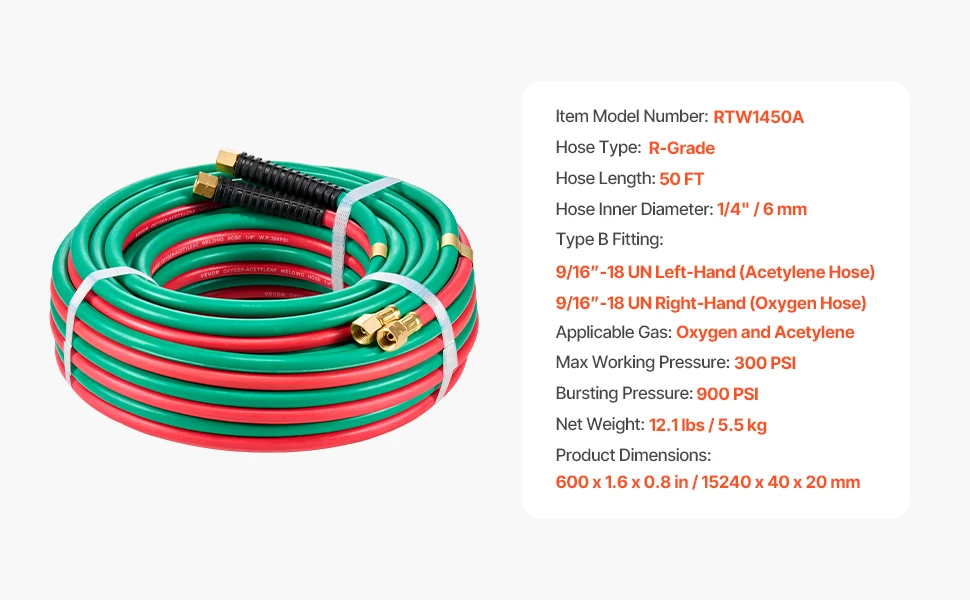 VEVOR Oxygen Acetylene Hose Oxy Acetylene Hose w/ LH/RH B Fittings R Grade Welding Torch Twin Hose w/ 300PSI Working Pressure