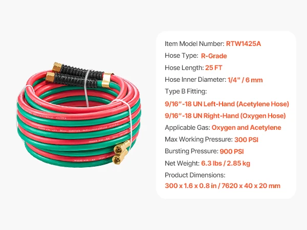 VEVOR Oxygen Acetylene Hose Oxy Acetylene Hose w/ LH/RH B Fittings R Grade Welding Torch Twin Hose w/ 300PSI Working Pressure