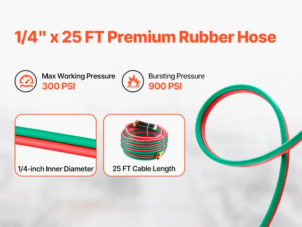 VEVOR Oxygen Acetylene Hose Oxy Acetylene Hose w/ LH/RH B Fittings R Grade Welding Torch Twin Hose w/ 300PSI Working Pressure