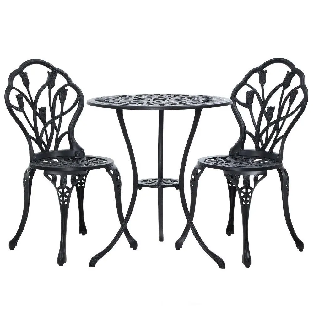 3PC Outdoor Bistro Set Cast Aluminum Patio Table and Chairs Tulip Design Black Garden Furniture